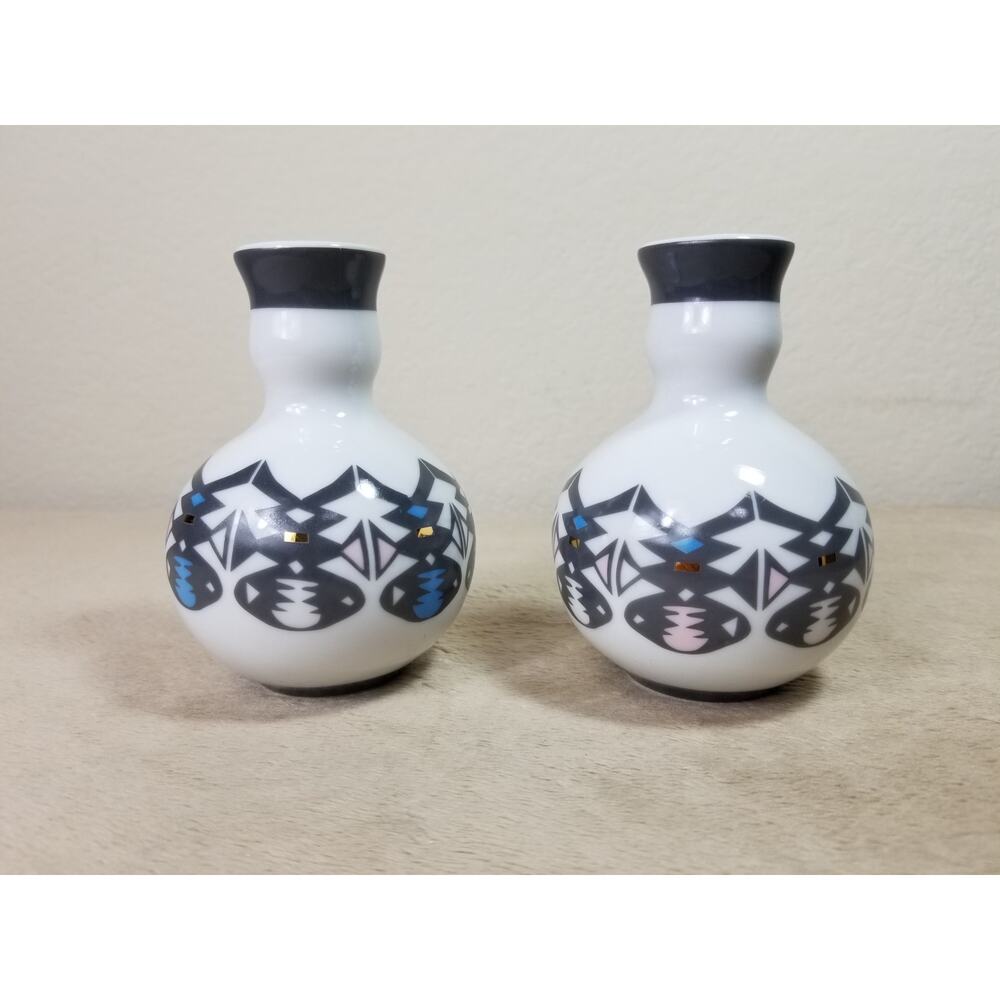 McKinney Candle Holder Candlestick 4 1/2" Porcelain Native American Design x2